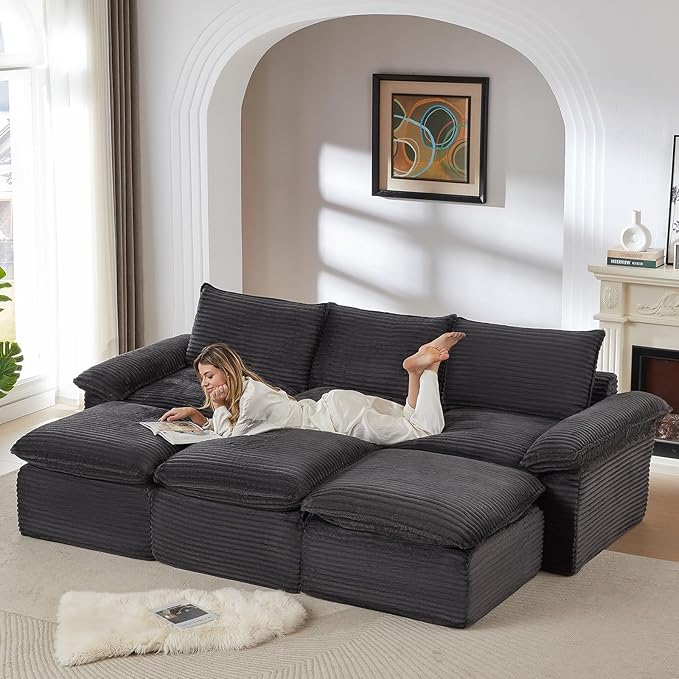 111" Cloud Sectional Couch, Corduroy Sectional Sofa with Ottoman, Boneless Couch with Deep Seat in a Box for Living Room, No Assembly Required (Dark Grey)