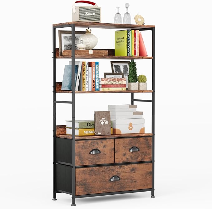 6 Tier Bookshelf, 47-Inch Small Bookcase with 3 Fabric Storage Drawers, Wood and Metal Book Shelf Storage Organizer, Industrial Display Standing Shelf Unit for Bedroom, Living Room, Rustic Brown