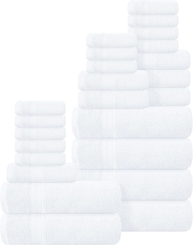 BOUTIQUO 24 Pack Cotton Towel Set, Contains 6 Bath Towels 27x54 inch, 6 Hand Towels 16x24 inch & 12 Wash Coths 12x12 inch, Ideal Everyday use, Ultra Soft Compact & Lightweight - White