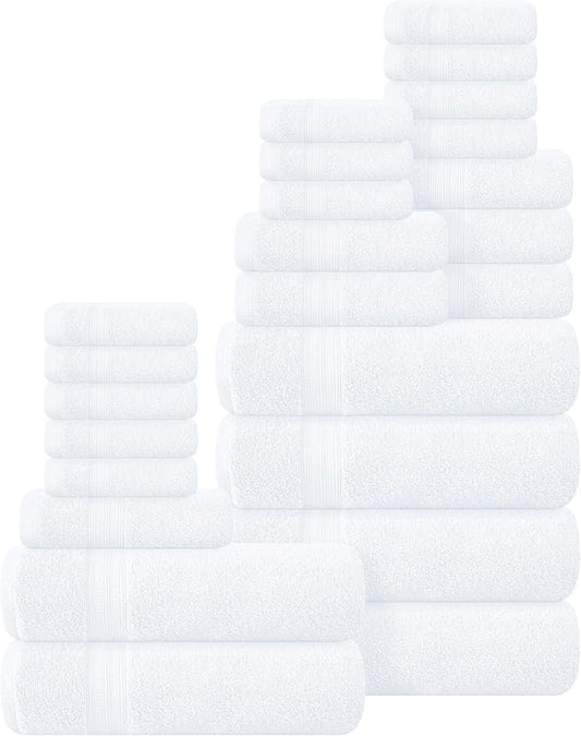 BOUTIQUO 24 Pack Cotton Towel Set, Contains 6 Bath Towels 27x54 inch, 6 Hand Towels 16x24 inch & 12 Wash Coths 12x12 inch, Ideal Everyday use, Ultra Soft Compact & Lightweight - White