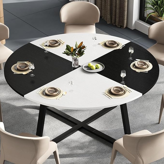 LVB Round Dining Table for 4 to 6 People, Industrial Wood Dining Room Table,51 Inch Farmhouse Kitchen Table for Home Kitchen Living Room,Black and White Oak