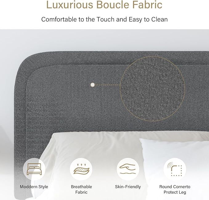 BarnFurin King Size Boucle Bed Frame and Headboard, Cloud Upholstered Platform Bed Frame, Soft Rounded Corners, Modern Style, No Box Spring Required, Easy Assembly, Dark Grey
