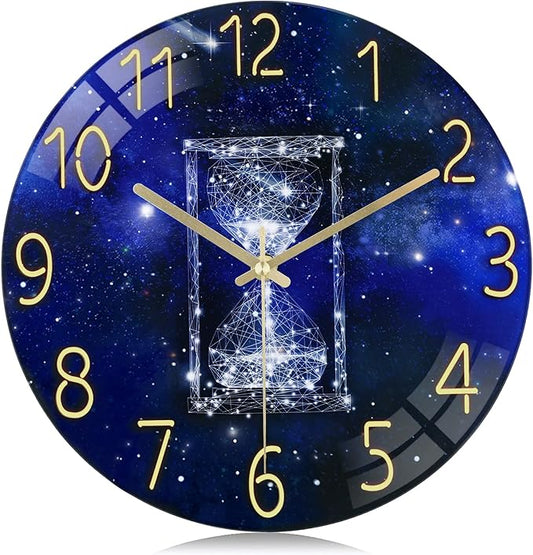 Lafocuse 12 Inch Blue Wall Clock Silent Non Ticking, Galaxy Glass Clocks Battery Operated for Living Room Bedroom Kitchen Decor, Hourglass Pattern