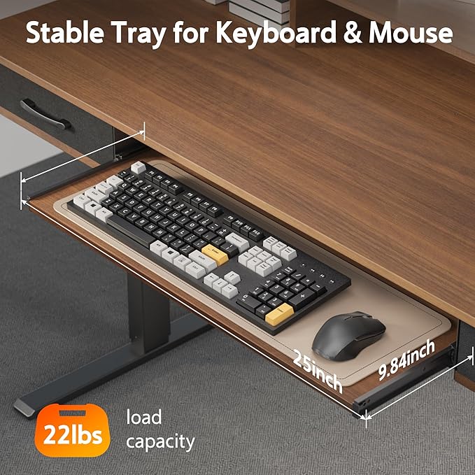 63 Inches Electric Standing Desk with Keyboard Tray, Height Adjustable Sit to Stand Table with 2 Drawers, Ergonomic Home Office Desk with Storage Shelf, Computer Table, Black Walnut
