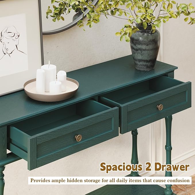 ARTPOWER Console Table for Entryway with 2 Drawers-Minimal Assembly,Retro Entryway Tables with Storage Cabinets and Open Shelf,Narrow Long Couch Table Behind Sofa for Living Room,Foyer,Hallway,Green