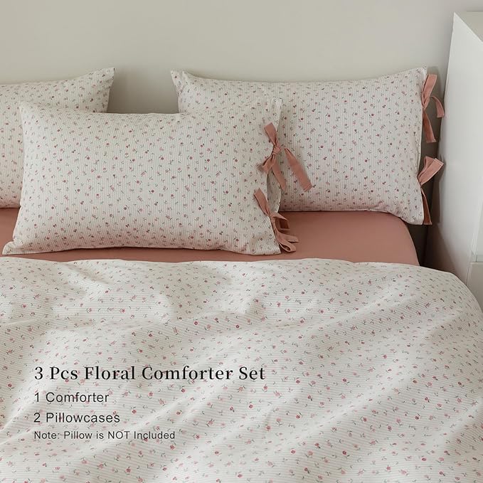 EAVD Garden Small Pink Floral Comforter Set Queen Soft Microfiber 3-Piece Floral Cottagecore Bedding Set with 2 Pillowcases Fresh Reversible Botanical Comforter Set for All-Season
