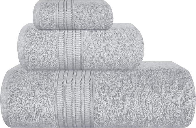 BOUTIQUO Ultra Soft 3 Pack Cotton Towel Set, Contains a Bath Towels 28x55 inch, a Hand Towels 16x24 inch & a Wash Coths 12x12 inch, Ideal Everyday use, Compact & Lightweight - Light Grey