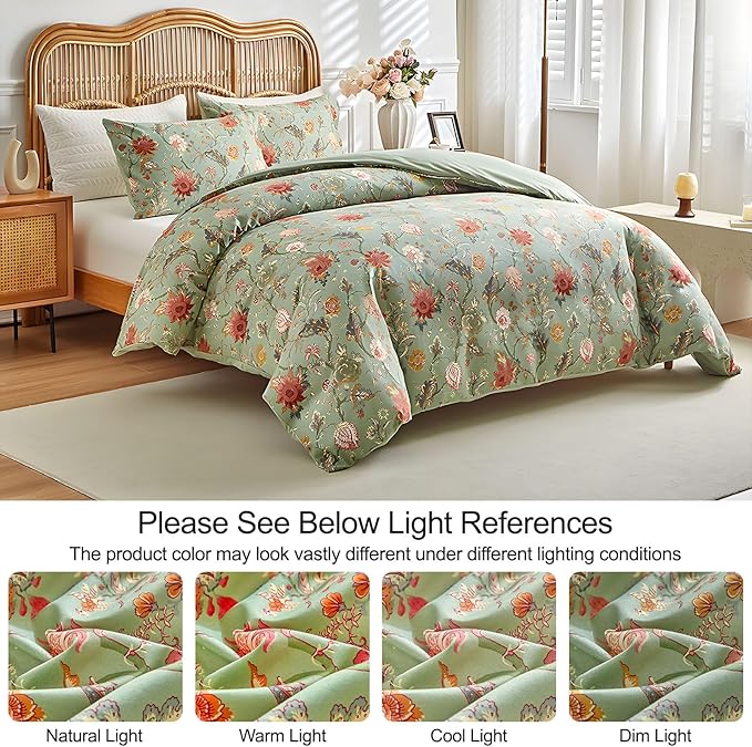 EAVD Vintage Garden Floral Comforter Set King Green Soft Microfiber Chic Vibrant Floral Bedding Comforter Set 1 King Bed Comforter and 2 Pillowcases Fresh Botanical Comforter Set for All-Season