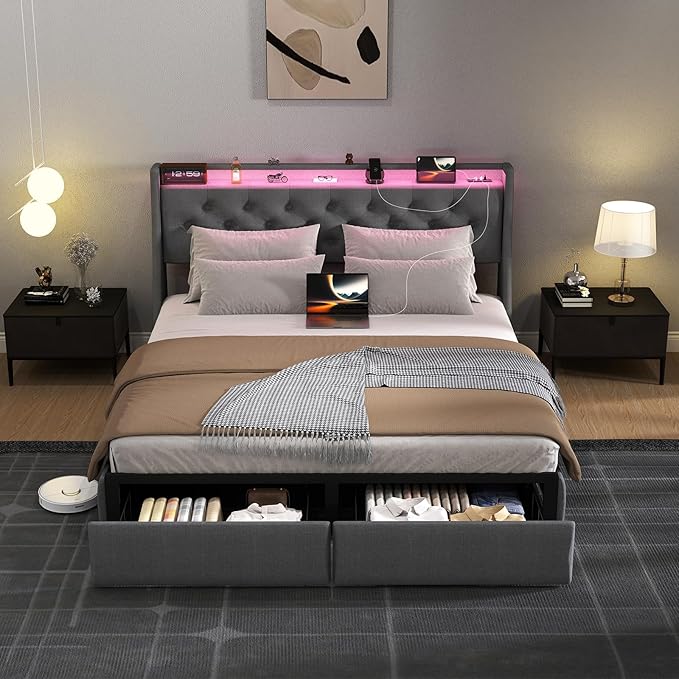 SADENICEL Full Size Bed Frame with Storage Headboard and 2 Drawer, Metal Full Bed Frame Platform with LED Light, Charging Station, No Box Spring Needed, Noise Free, Easy Assembly, Grey