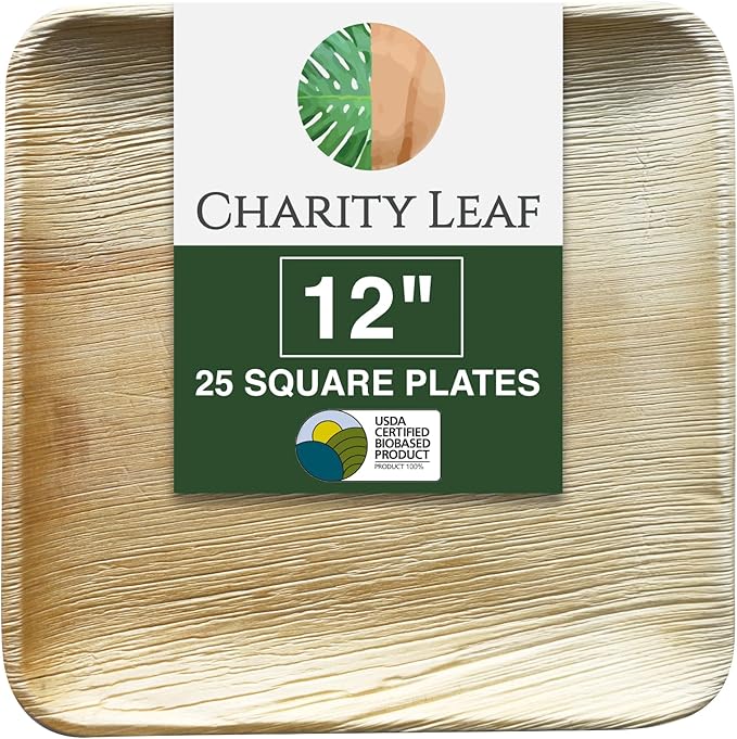 Charity Leaf Disposable Palm Leaf 12" Square Plates (25 pieces) Bamboo Like Serving Platters, Disposable Boards, Eco-Friendly Dinnerware For Weddings, Catering, Events
