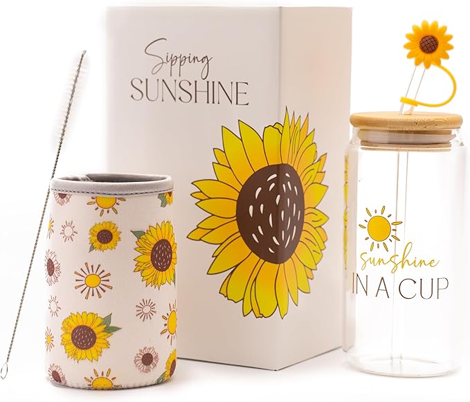 Sunflower Gifts for Women - Glass Tumbler with Lid and Straw, Customized Straw Stopper and Cup Sleeve. Aesthetic Unique Design Iced Coffee Gift Cup for Mom, Teacher, Friend