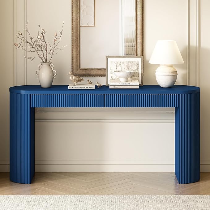 58.2" Entryway Table with Large Top and Dual Drawers,Console Table with Arched Sturdy Legs Stripe Design,Pine Veneer Sofa Table with Adjustable Feet for Living Room, Hallway,Foyer, Kitchen