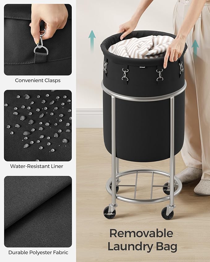 SONGMICS 18.5-Gallon (70 L) Laundry Basket with Wheels, Rolling Round Heavy-Duty Laundry Hamper Cart with Steel Frame and Removable Bag, 2 Locking Wheels, Ink Black and Metallic Silver URLS006B01