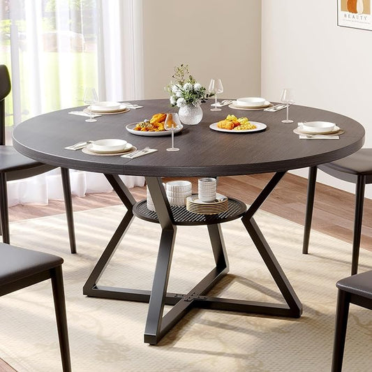 Concho 47" Round Kitchen Dining Room Table for 4-6,Circle Dining Dinner Table with Pedestal Metal Frame,Space Saving Wood Kitchen & Dining Room Furniture, Grey