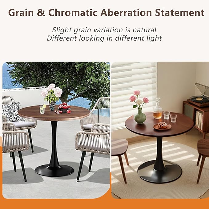 24" Tulip Table for 2-3 Persons Walnut Modern Round Dining Tables Mid-Century Kitchen Table Wooden MDF Top Steel Base Small for Living Room Balcony Leisure (Walnut, 23.6")