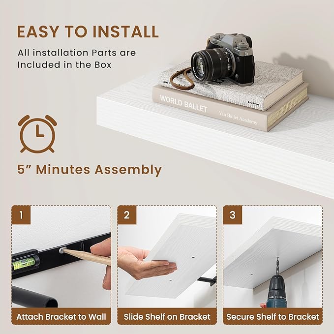 fuqing Floating Shelves for Wall, Wall Mounted Wood Floating Shelf with Invisible Brackets for Living Room, Bathroom, Bedroom, Kitchen Storage and Decor, 48 Inch Set of 2, White