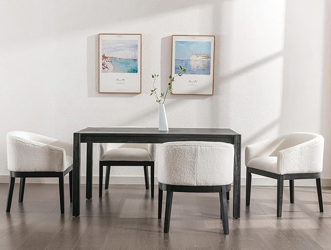 Mid-Century Modern White Dining Chairs Set of 8, Sherpa Upholstered Kitchen Dining Room Chairs with Wood Legs, Curved Backrest Armchairs, White