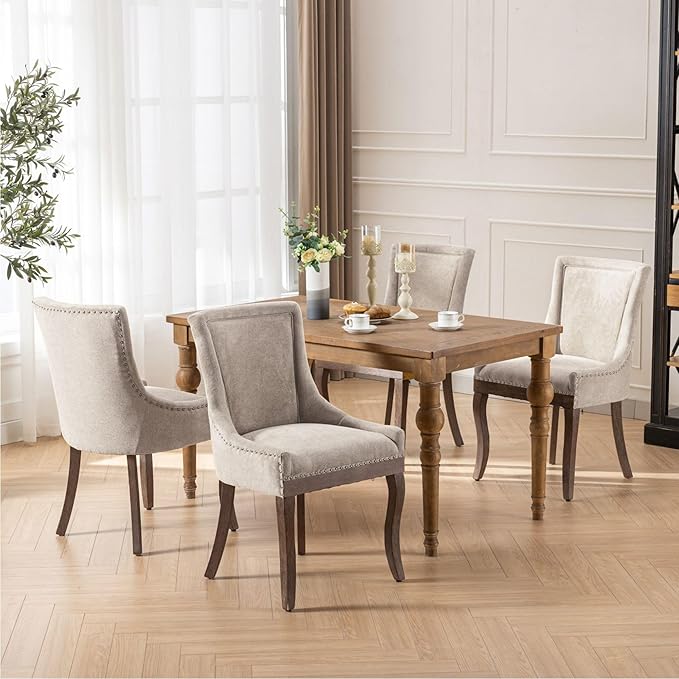 Farmhouse Dining Chairs Set of 4, Upholstered Fabric Dining Room Accent Chairs with Wood Legs & Bronze Nailhead, High Wingback Kitchen Chairs for Living Room Hotel Apartment, Beige