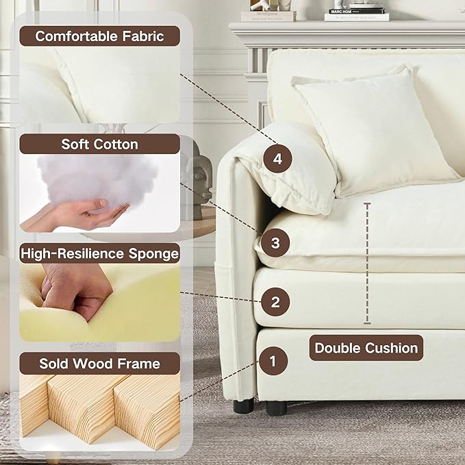 109.45" Oversized Extra Deep Seat Modern Chenille Cloud Couch, Large 3 Seater Modular Sofa for Living Room Bedroom Apartment Office (White, 109.45 Inch)