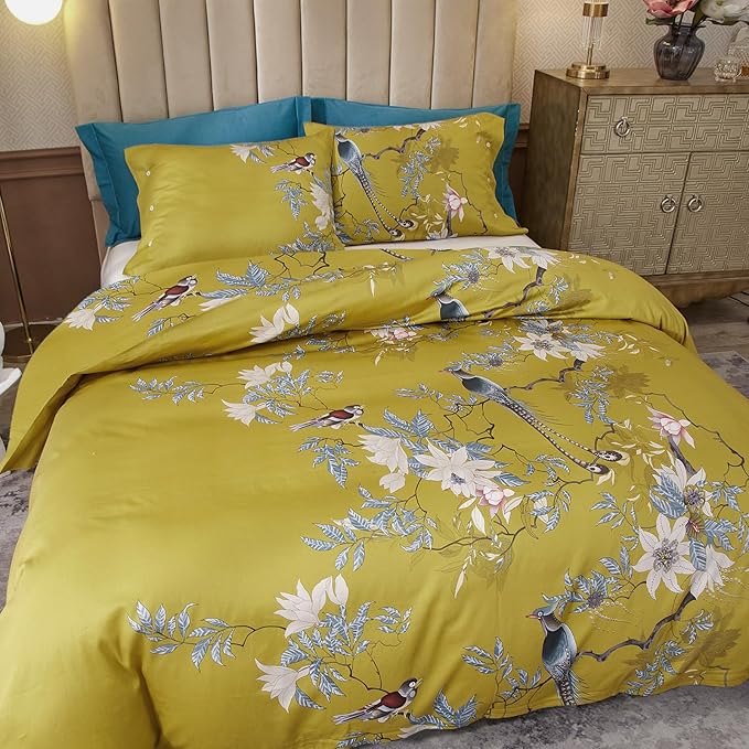 EAVD Vintage Style Garden Floral Bird Comforter Set King Soft Microfiber Chic Flower Cute Birds Printed on Yellow Bedding Set 1 Floral Comforter with 2 Pillowcases Fluffy and Lightweight