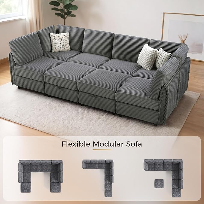 KKL Modular Sectional Sofa Bed with Storage Ottoman, Convertible L/U/J-Shaped Sleeper Couch Plush Wide-Wale Corduroy for Living Room, Apartment, Modern Design, Gray