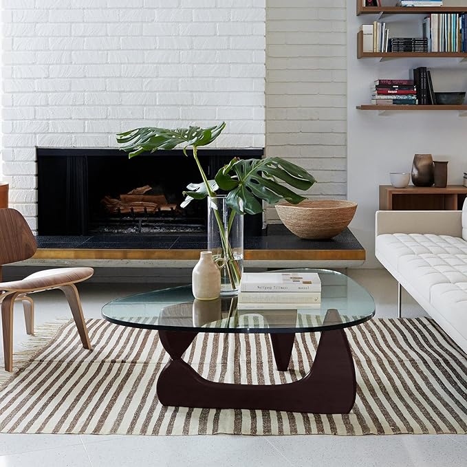 Noguchi Table Triangle Glass Coffee Table Vintage Glass End Table, Solid Wood Base and Triangle Clear Glass Top Modern End Table for Living Room, Patio, Study, Dark Walnut