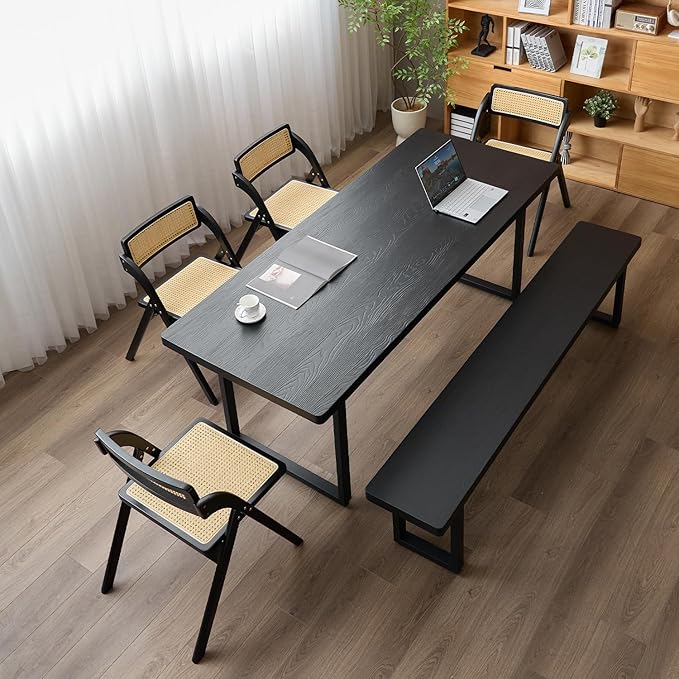 Modern Solid Wood Dining Table with Metal Base Stylish Durable Dining Room Table in Black Multiple Sizes Home Use Office Desk (Bench Black, 78.74in)