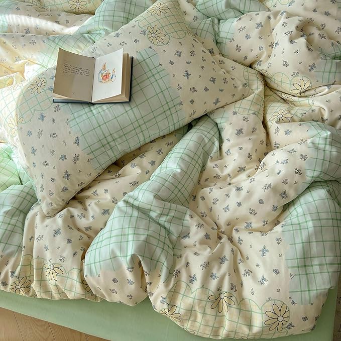 LifeTB 100% Cotton Muslin Duvet Cover Twin XL Aesthetic Floral Comforter Cover with Botanical Flower Cute Plaid Design Cottagecore Bedding Set Ultra Soft Breathable Gauze Duvet Cover for Kids Girls