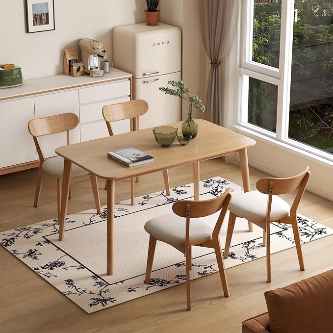 100% Solid Wood Upholstered Dining Chairs, Mid Century Modern Oak Dining Chairs with Curved Back Design with Butterfly Wing Shape for Kitchen, Dining Room, Restaurant (4PK, Log Color-Gray Cushion)
