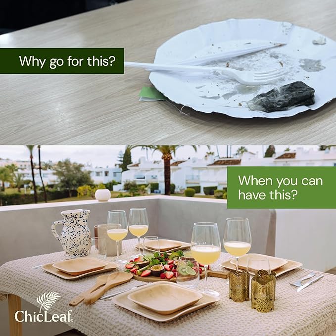 Chic Leaf Palm Leaf Plates - 9" Round - 50 Pack of 100% Compostable, Biodegradable & Disposable Bamboo Plates – Heavy Duty, Sturdy Paper Alternative for Christmas Meal, Wedding Desserts & Events