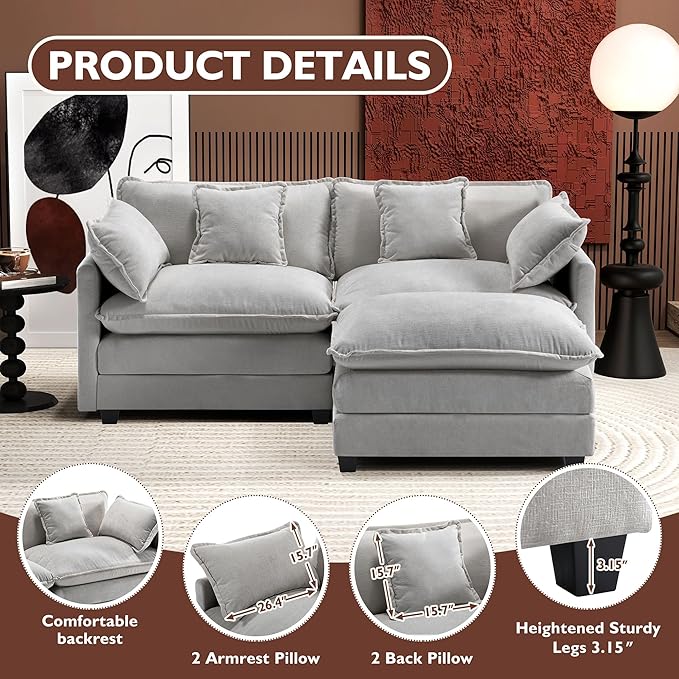 Ihanherry 77" L Shaped Modern Sofa Modular Sectional Cloud Couch with Ottoman, 3-Seat Chenille Deep Seat Sofa with Pillow for Living Room, Bedroom and Apartment, Grey