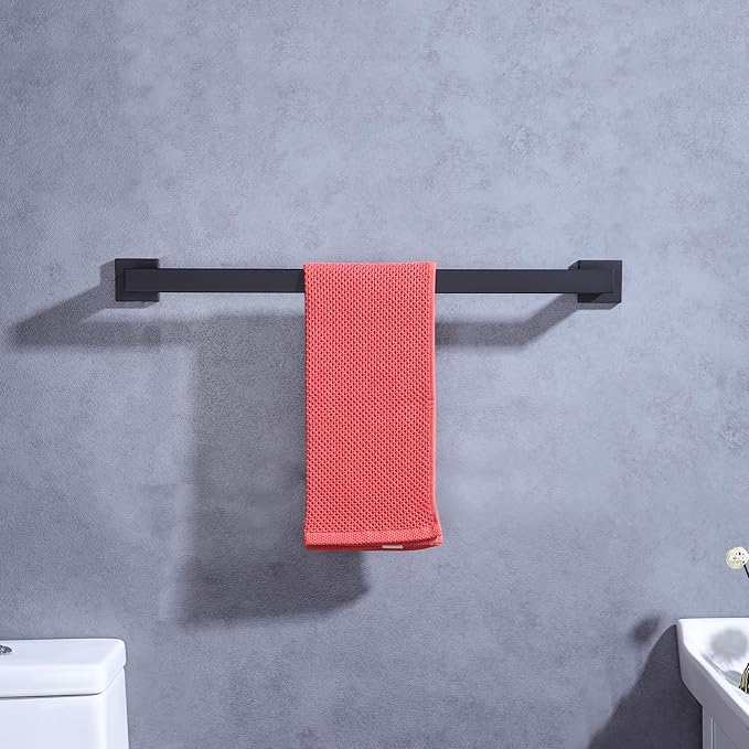 LANC 28-Inch Black Towel Bar for Bathroom Wall Mounted, Heavy Duty Towel Hanger Square Towel Rack SUS304 Stainless Steel Towel Rail Towel Rod Kitchen Lavatory Hand Towel Holder, A8804MB-6P1