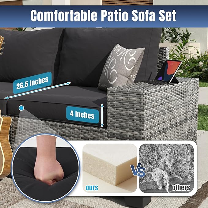 Aoxun 12 Pieces Patio Furniture Set Wicker Rattan Outdoor Sectional Conversation Set with Coffee Table and 4” Thickened Cushions, Gray Black (Waterproof Cover Included)
