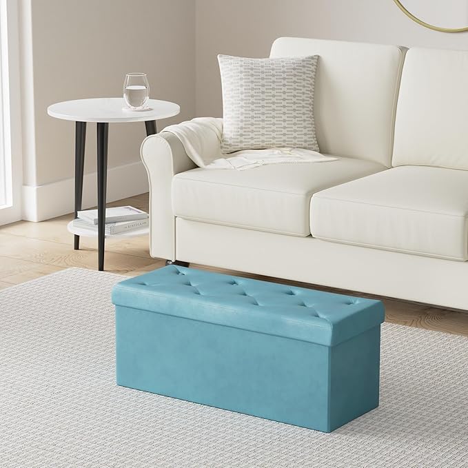 BRIAN & DANY 43 Inches Ottoman with Storage, Velvet Storage Ottoman Bench, End of Bed Benches, Folding Ottomans for Bedroom, Living Room and Entryway (Teal)