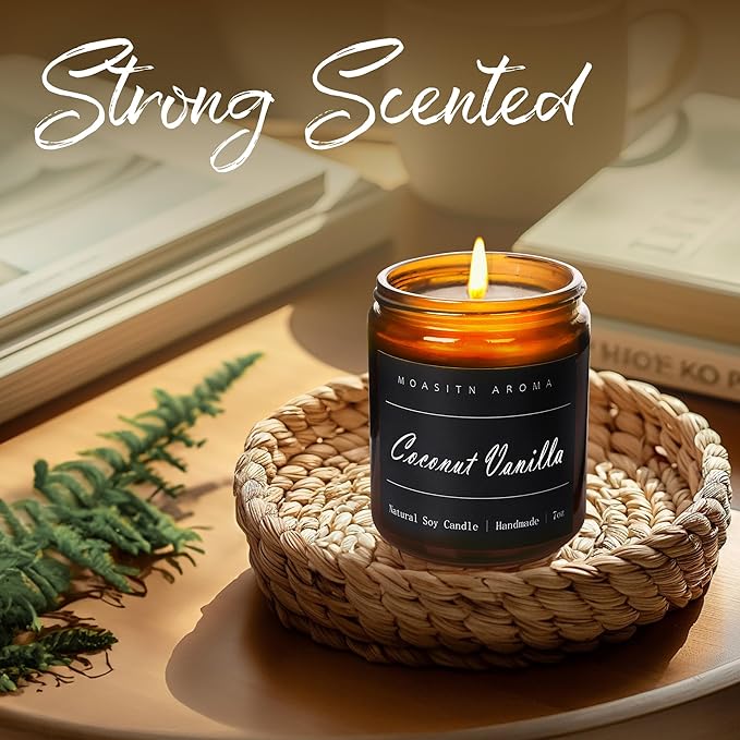 MOASITN Coconut Vanilla Heavenly Scented Candles for Home| Natural Soy Aromatherapy Candle| Handmade Long Lasting Jar Candle| Women,Men Gift for Birthday,Housewarming,Thank You| 7oz