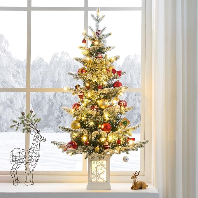 Two Pack Small Pre-Lit Christmas Tree with LED Lights - 3.5FT Snow Flocked Ariticifial Tree with Snowflake Base, Battery Operated & Auto Timer for Home Office Xmas Decor