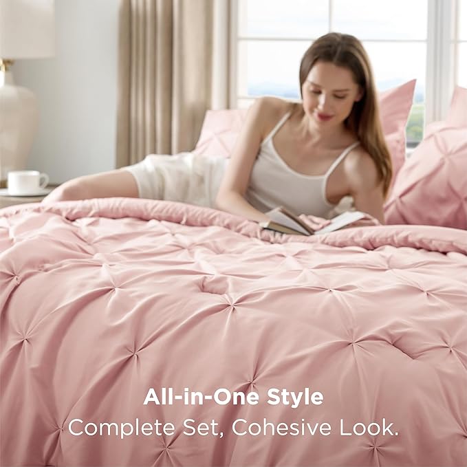 Bedsure Full Comforter Set Pink - Bed in a Bag Full Size Bedding Set 7 Pieces, GentleSoft™ Pintuck Bed Set Gift for Family, Pinch Pleat All Season Comforter with Sheets, Pillowcases & Shams