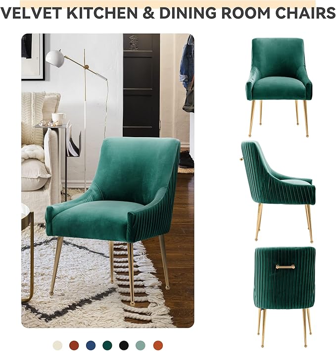 Dining Chairs, Accent Chairs Set of 2, Modern Upholstered Kitchen Dining Room Chairs with Gold Legs, Fabric Tufted Velvet Living Room Chairs for Reception Room Bedroom Guest Room (Deep Green)