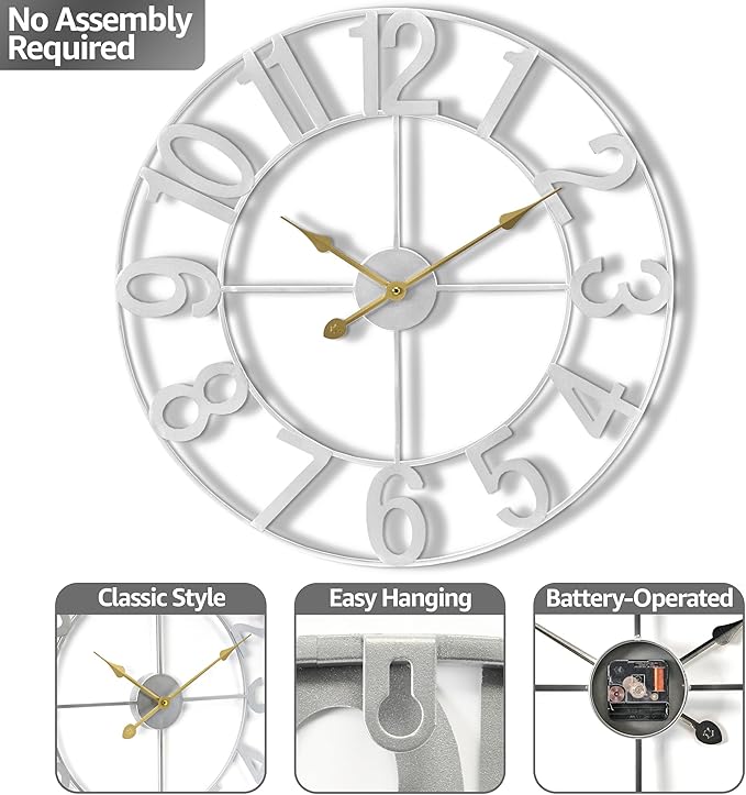 Sorbus 16-Inch Large Wall Clock – Decorative Silver Metal Clock with Gold Hands – Silent, Battery Operated, Modern Wall Decor for Living Room, Kitchen, or Office, Great Gift for Housewarming or Office