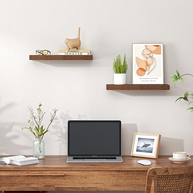 Heimlove Floating Shelves for Wall,16 inchs Shelf for Small Bathroom,Mounted Storage & Display Shelves for Bedroom,Living Room,Kitchen,Office,Set of 2,Rustic Brown