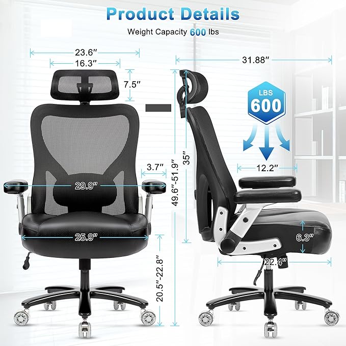 Big and Tall Office Chair 600lbs- Heavy Duty Executive Computer Chair with Rubber Wheels 3D Flip Arms, Ergonomic Mesh High Back Desk Chair, Extra Wide Seat Adjustable Lumbar Support & Headrest