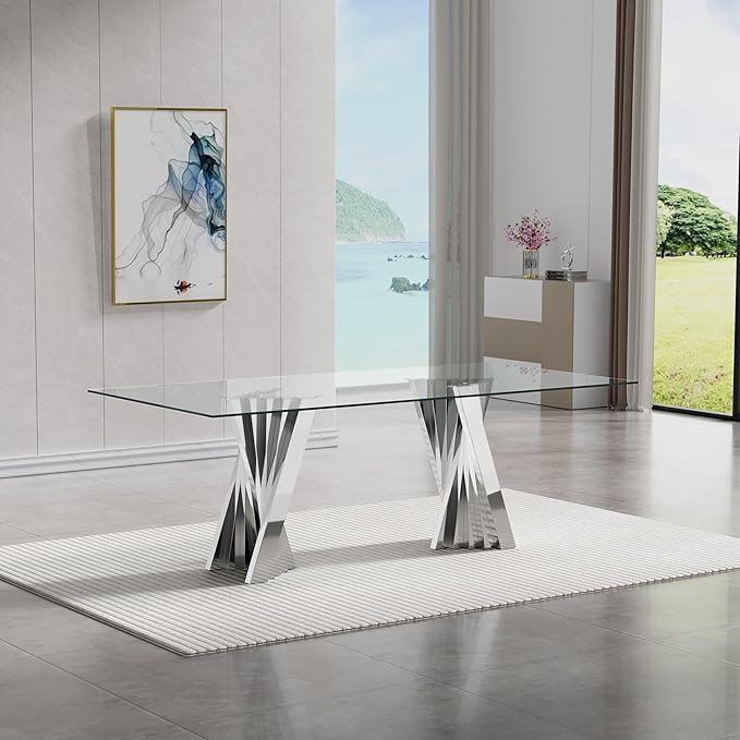 Goujxcy Modern 7 Piece Glass Dining Table Set Luxury Glass Kitchen Table and Chair Set for 6, 70" Large Rectangular Dining Room Table with 6 Tufted Chairs and Stainless Steel Legs (Silver & Beige)