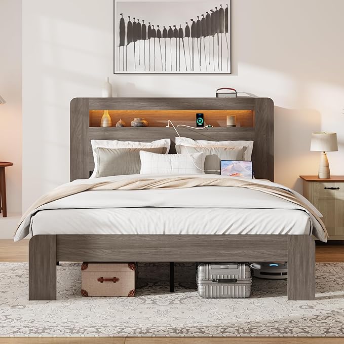 Wood Full Size Bed Frame with Headboard, Farmhouse Platform Bed Frame with Bookcase Shelf,LED Lights,Charging Station,Heavy Duty Supports,No Box Spring Needed,Dark Grey
