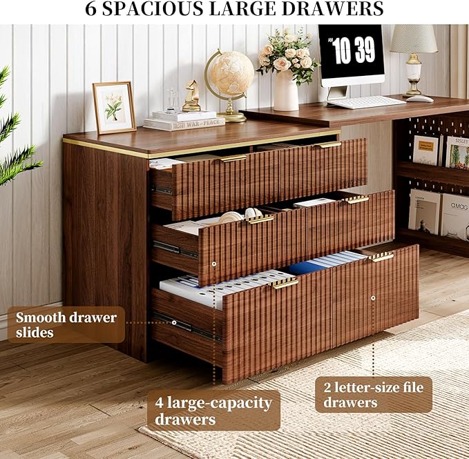 L Shaped Standing Desk,47" Home Office Desks, Executive, Farmhouse Computer Desk with 6 Drawers File Drawer, Rustic Computer Writing, Walnut