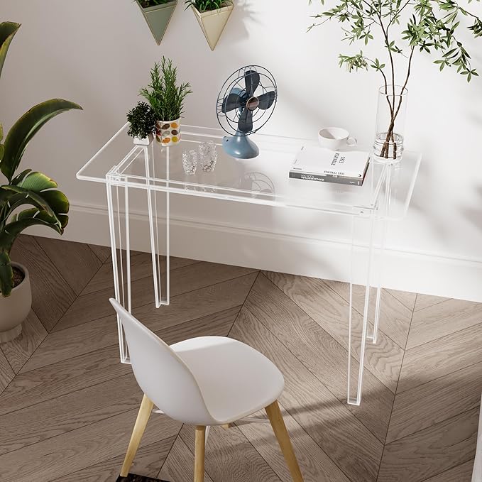 Acrylic Desk - Modern Study Table for Home Office, Extended Surface Multi-Purpose Console & Entryway Table, Sturdy Lightweight Design, Transparent Workstation for Small Spaces（Transparent-M）