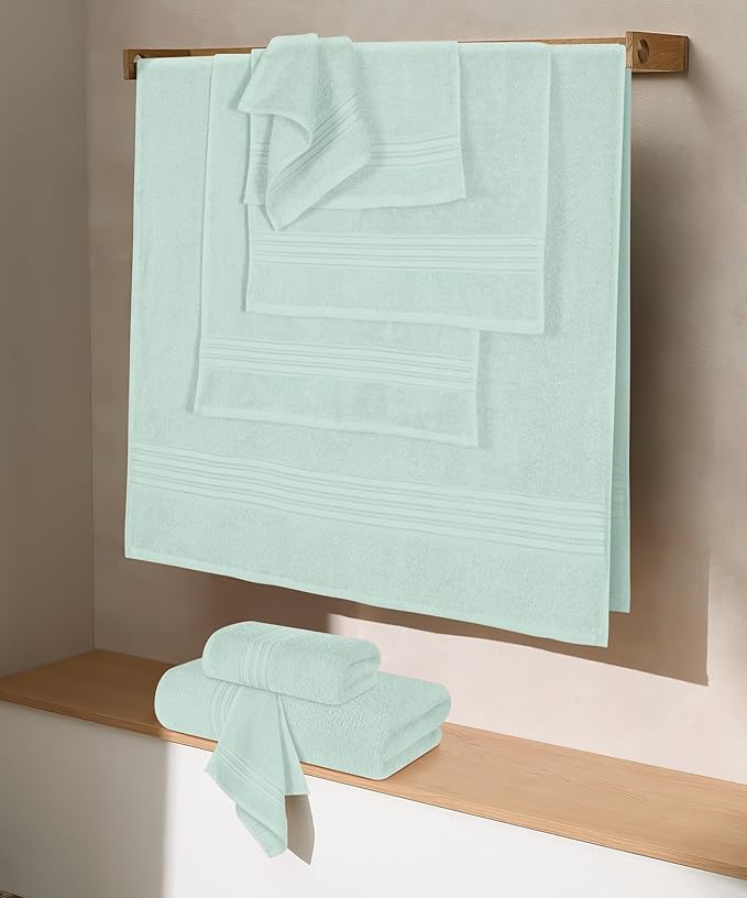 BOUTIQUO 100% Cotton Towel Set, Contains 4 Soft Bath Towel, 6 Hand Towels, 8 Wash Cloths - Compact Absorbent Lightweight & Quickdry Towels for Bathroom - 18 Piece Bathroom Towel Set - Sea Green