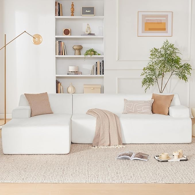 107" Modular Sectional Sofa, Boneless Couch Sponge Sectional Sofa for Living Room, High Density Sponges Cloud Couch,Modular L-Shape with Chaise, White