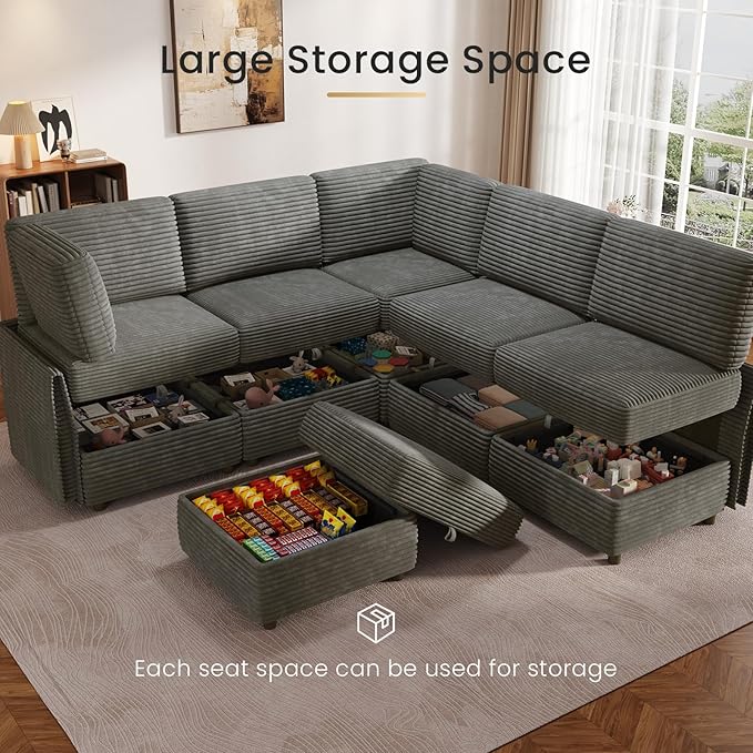 KKL Modular Sectional Sofa V-Shaped 6 Seater Couch with Storage Ottoman, Convertible L/J-Shaped Couch and Sofa Bed Plush Wide-Wale Corduroy for Living Room, Apartment, Modern Design, Gray