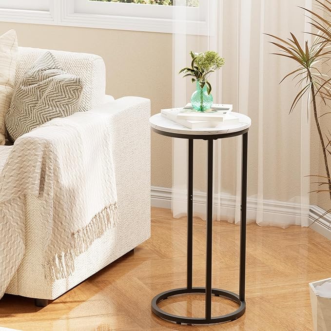 C Shaped end Table,Wood Round Side Table for Couch,Small Sofa Table with Metal Frame for Bedroom,Living Room,Bedside,Black Color(11.81" D x 11.81" W x 23.62" H)