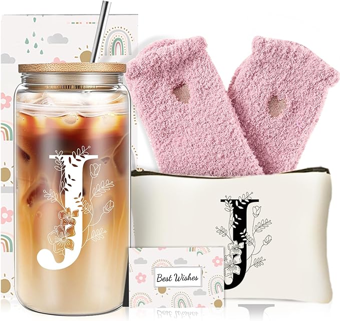 Unique Initial Glass Cup with Lids and Straws, Monogrammed Gifts Box Included Makeup Bag, Christmas Birthday Gifts for Women Mom Sister Grandma, J